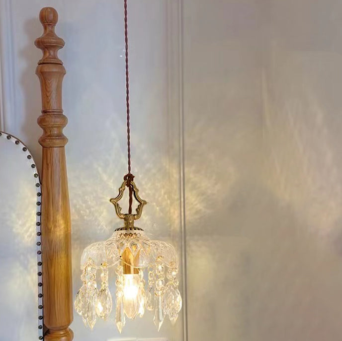 Moderne Art Deco Messing kariert Glas Schatten Kristall Perlen 1-Licht Pendelleuchte für Wohnzimmer 