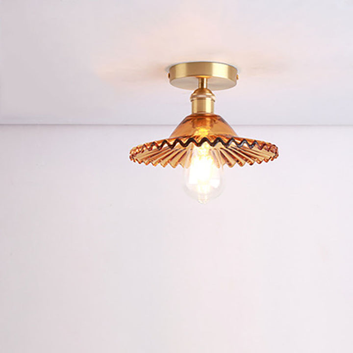 Traditionelle halb eingelassene 1-flammige Vintage-Deckenleuchte aus Glas und Eisen im Lotus-Design 