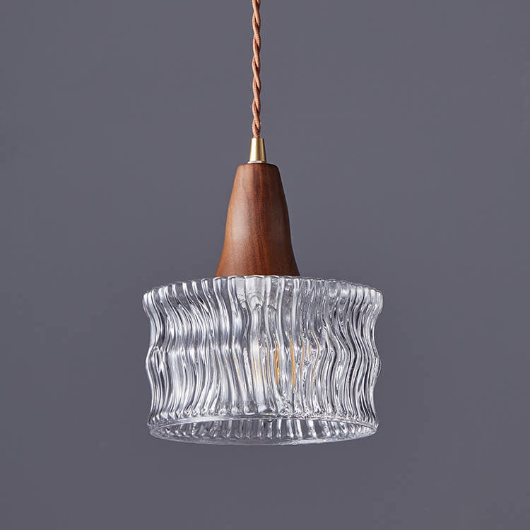 Nordic Vintage Glass Drum Jar Walnut Brass 1-Light Pendant Light
