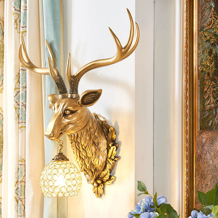 Applique murale européenne rétro à tête de cerf en résine à 1 lumière 
