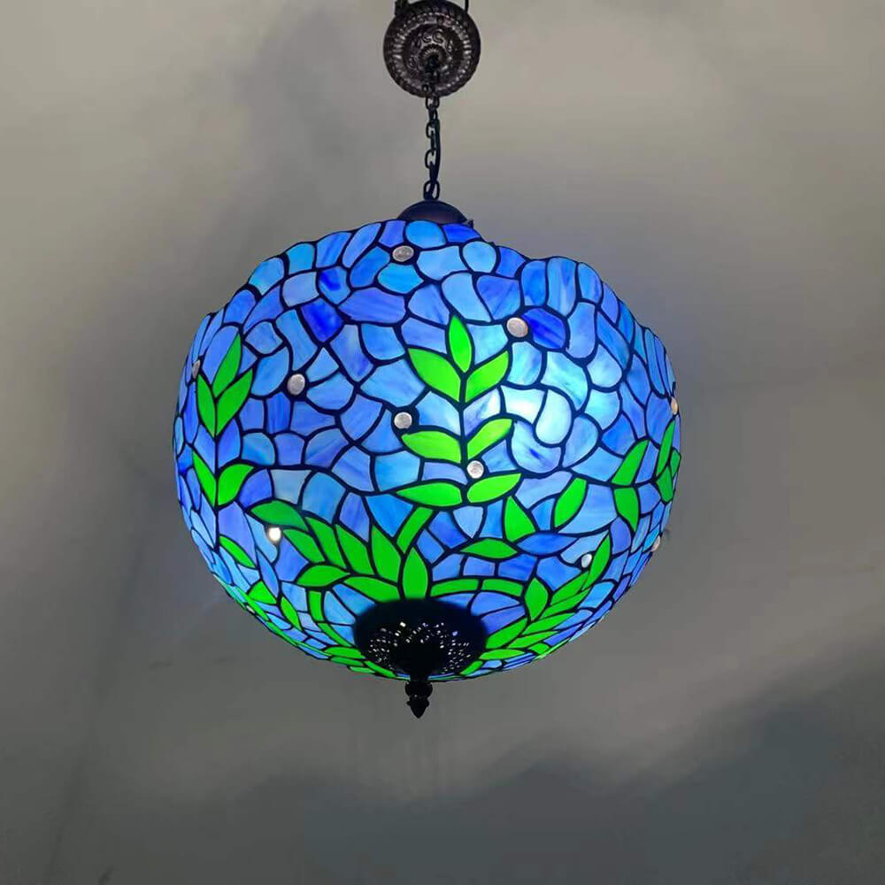 Lámpara de araña redonda de 3 luces de estilo vintage tradicional Tiffany con herrajes y vidrio teñido violeta 