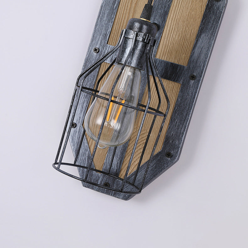 Industrial Vintage Wood Base Cage 1-Light Wall Sconce Lamp