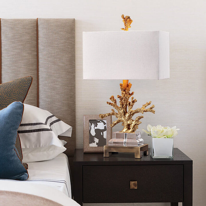 Modern Art Deco Linen Resin Crystal Coral Base 1-Light Table Lamp For Bedroom