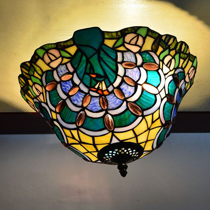 Traditional Tiffany Stained Glass Iron Bowl Round 2-Light Semi-Flush Mount Ceiling Light for Living Room