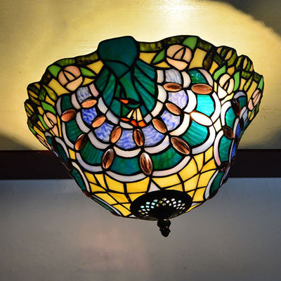 Vintage Tiffany Stained Glass Bowl 2-Light Semi-Flush Mount Ceiling Light