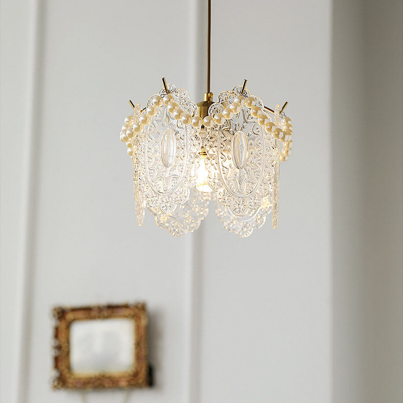 Traditional French Feather Pearl Petal Hardware Glass 1-Light Pendant Light For Bedroom