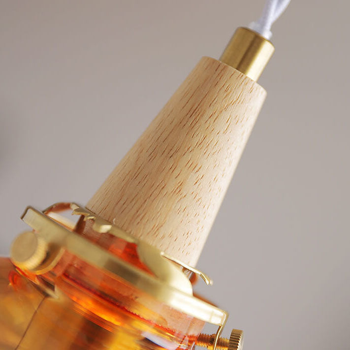 Lustre suspendu vintage en verre orange avec cône et bois massif à 1 ampoule 