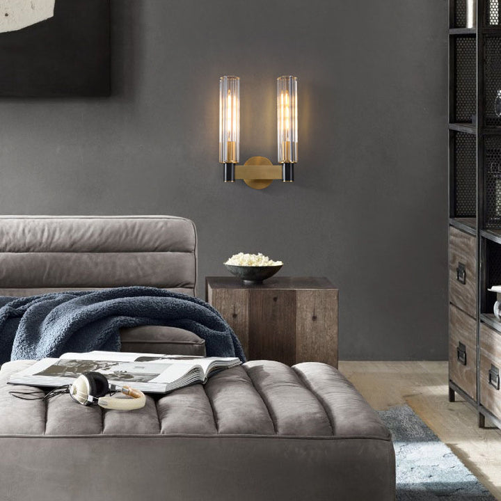 Moderne luxuriöse Zylinder-Wandleuchte aus Kupfer und Glas mit 1/2-flammigem Licht für das Schlafzimmer 