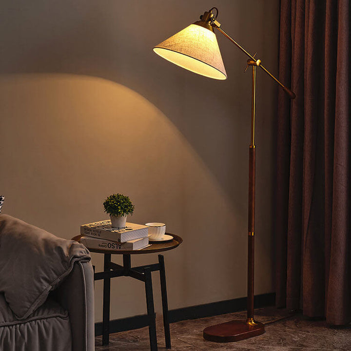 Traditional Vintage Fabric Cone Metal Ash Wood 1-Light Standing Floor Lamp For Bedroom