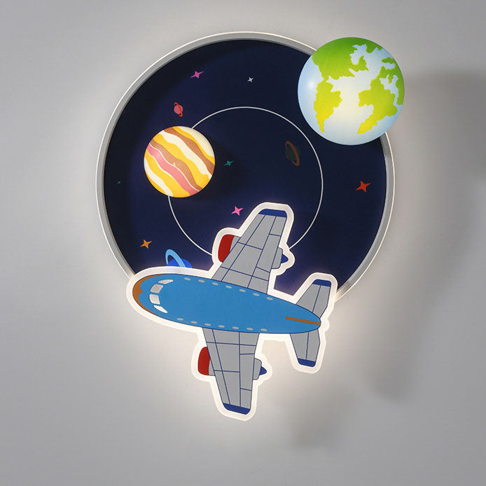 Contemporary Creative Round Acrylic Iron LED Aircraft Space Cartoon Kids Flush Mount Ceiling Light For Bedroom