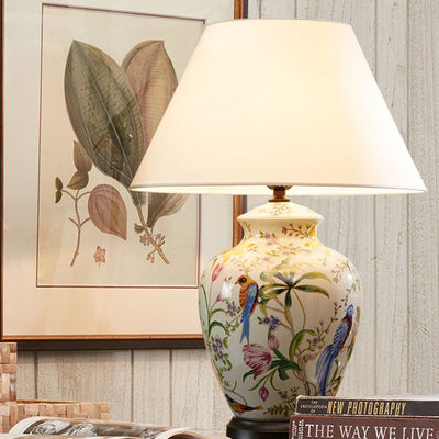 Lámpara de Mesa de 1 Luz con Diseño Retro Moderno de Cerámica Idílica de Flores y Pájaros 