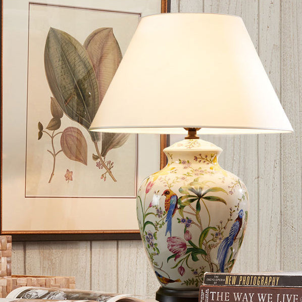 Lámpara de Mesa de 1 Luz con Diseño Retro Moderno de Cerámica Idílica de Flores y Pájaros 