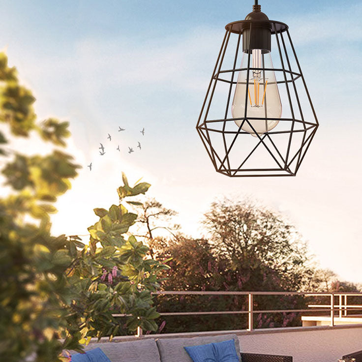 Lámpara colgante LED solar de exterior para patio, con diseño moderno minimalista de jaula geométrica en acero inoxidable y ABS 