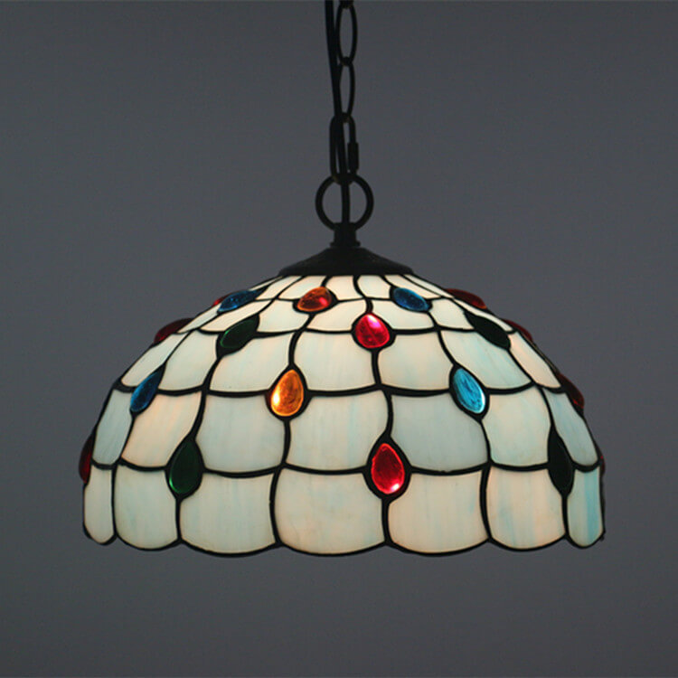 Tiffany European Gemstone Stained Glass Round 1-Light Pendant Light