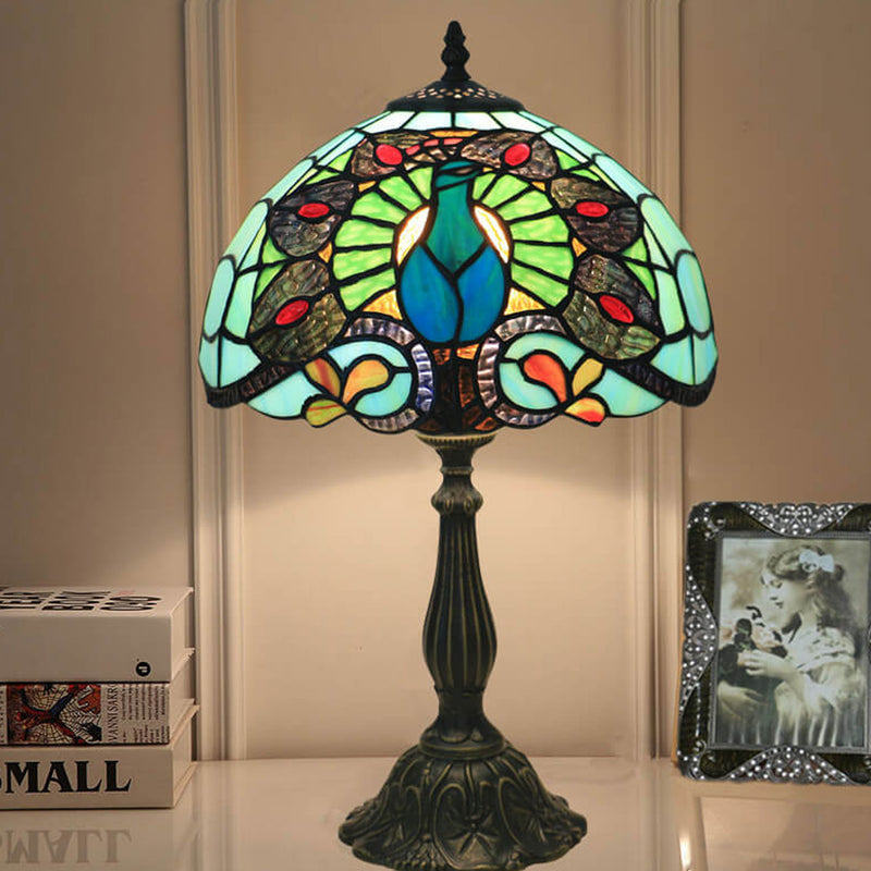 European Tiffany Green Peacock Stained Glass 1-Light Table Lamp