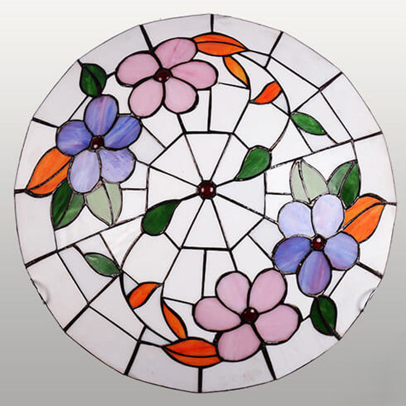 European Tiffany Round Flower Stained Glass 2/3 Light Flush Mount Ceiling Light