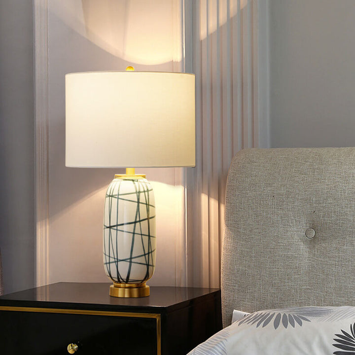 Modern Luxury Fabric Ceramic Hardware Green Striped Ceramic Drum Fabric 1-Light Table Lamp for Bedroom