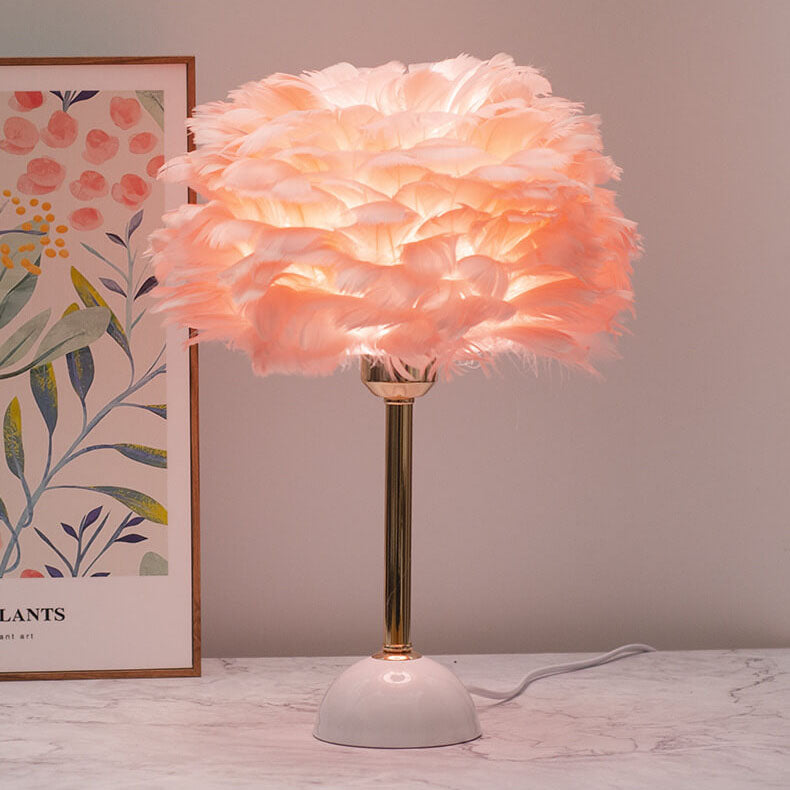 Modern Art Deco Feather Iron Round Shade Gold Pole 1-Light Table Lamp for Bedroom