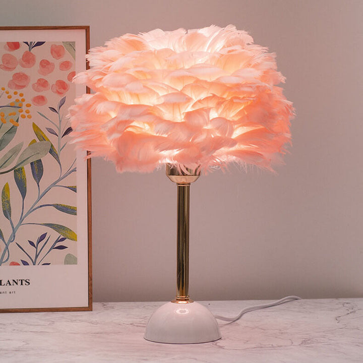 Modern Art Deco Feather Iron Round Shade Gold Pole 1-Light Table Lamp for Bedroom