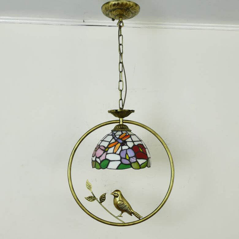 Tiffany Rustic Dome Stained Glass Ring Bird Design 1-Light Pendant Light