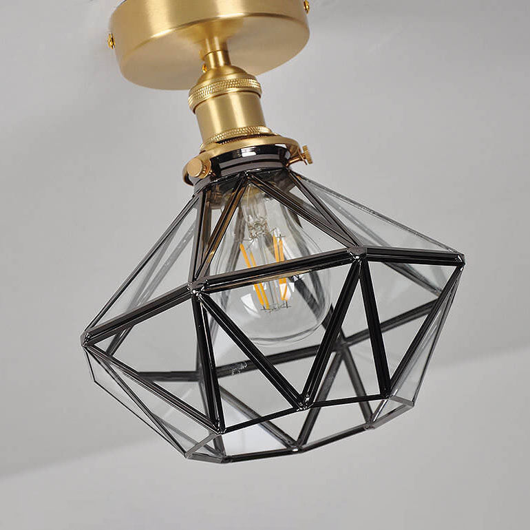 Modern Brass Glass Diamond 1-Light Semi-Flush Mount Ceiling Light