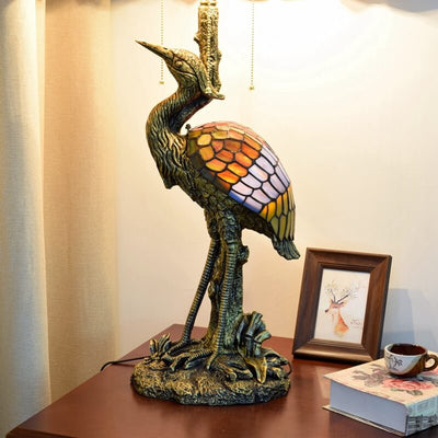 Tiffany Vintage Crane Umbrella Resin Stained Glass 3-Light Table Lamp