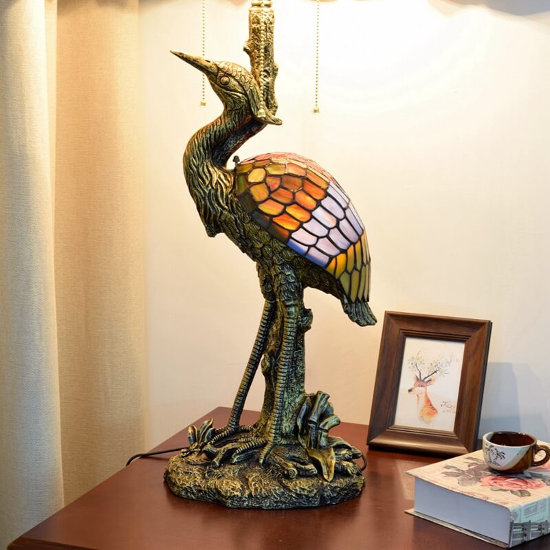 Tiffany Vintage Crane Umbrella Resin Stained Glass 3-Light Table Lamp