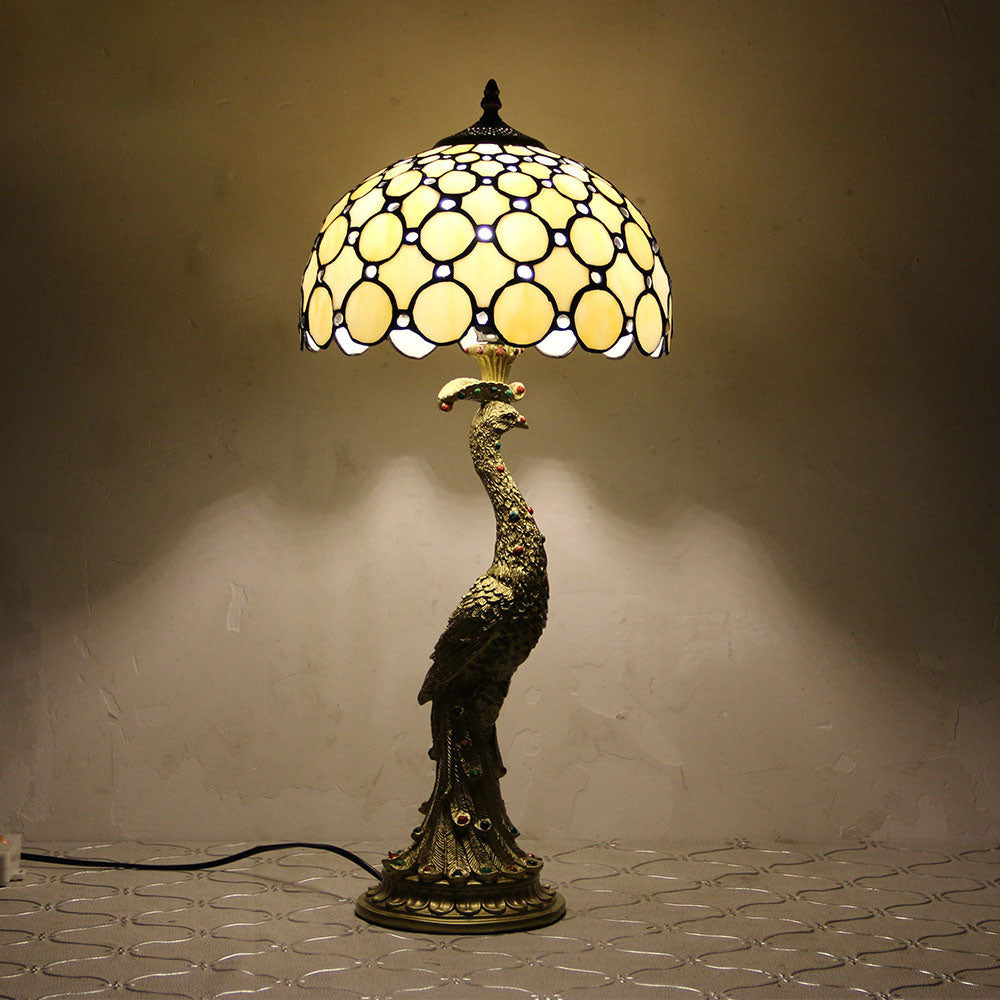 Lampe de table vintage Tiffany Peacock Gem Dome en résine et verre à 1 lumière 