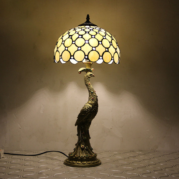 Lampe de table vintage Tiffany Peacock Gem Dome en résine et verre à 1 lumière 