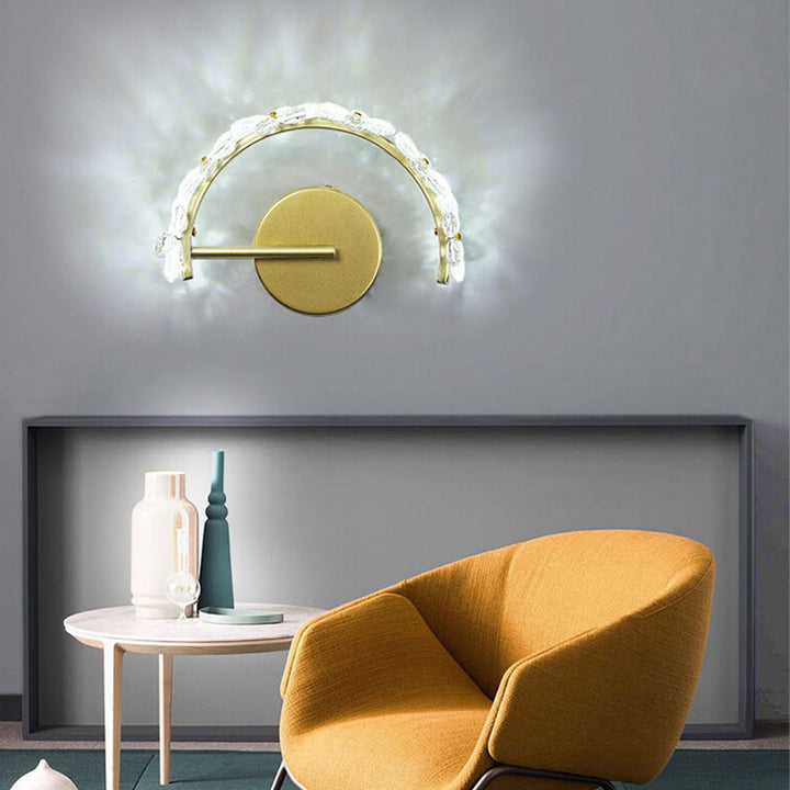 Aplique de pared LED en forma de media luna con flor de cristal dorado nórdico 