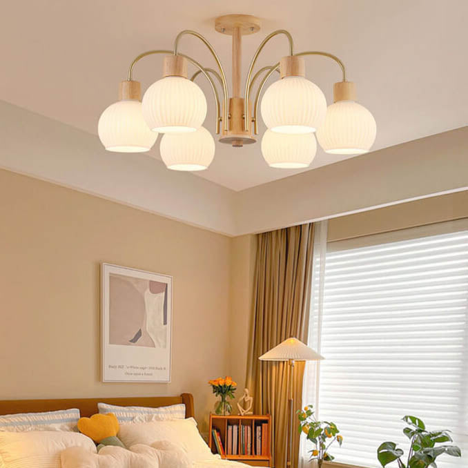Moderna Lámpara Redonda de Crema de Hierro Madera Maciza Vidrio 6/8 Luces Candelabro 
