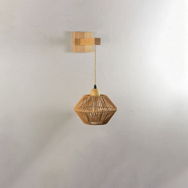 Traditionelle Vintage-Wandleuchte mit Seilgeflecht, Bambus, Massivholz und Laternenkäfig, 1-flammig, für das Wohnzimmer 