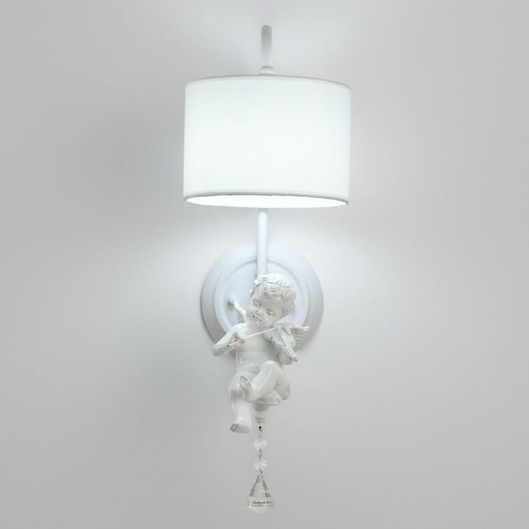 Modern Minimalist Angel Resin Round Fabric 1-Light Wall Sconce Lamp for Living Room