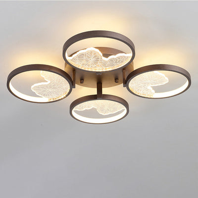 Traditional Chinese Zen Iron Round Frame Acrylic Flower Pattern LED Semi-Flush Mount Ceiling Light For Living Room
