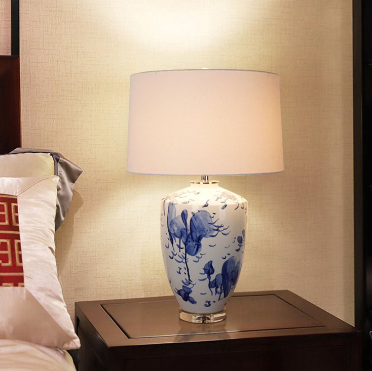 Modern Chinese Celadon Vase Fabric Drum 1-Light Table Lamp