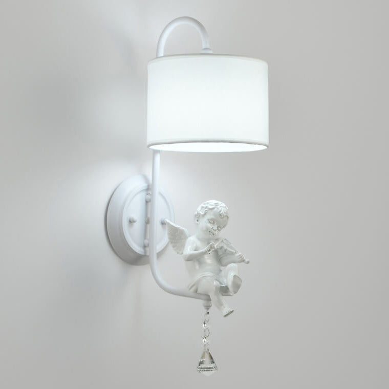 French Cream Angel Iron Crystal Resin Fabric 1-Light Wall Sconce Lamp