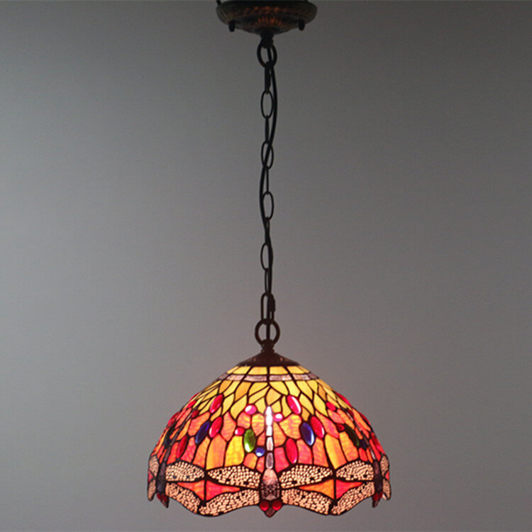 Tiffany Vintage Butterfly Stained Glass Dome 1-Light Pendant Light