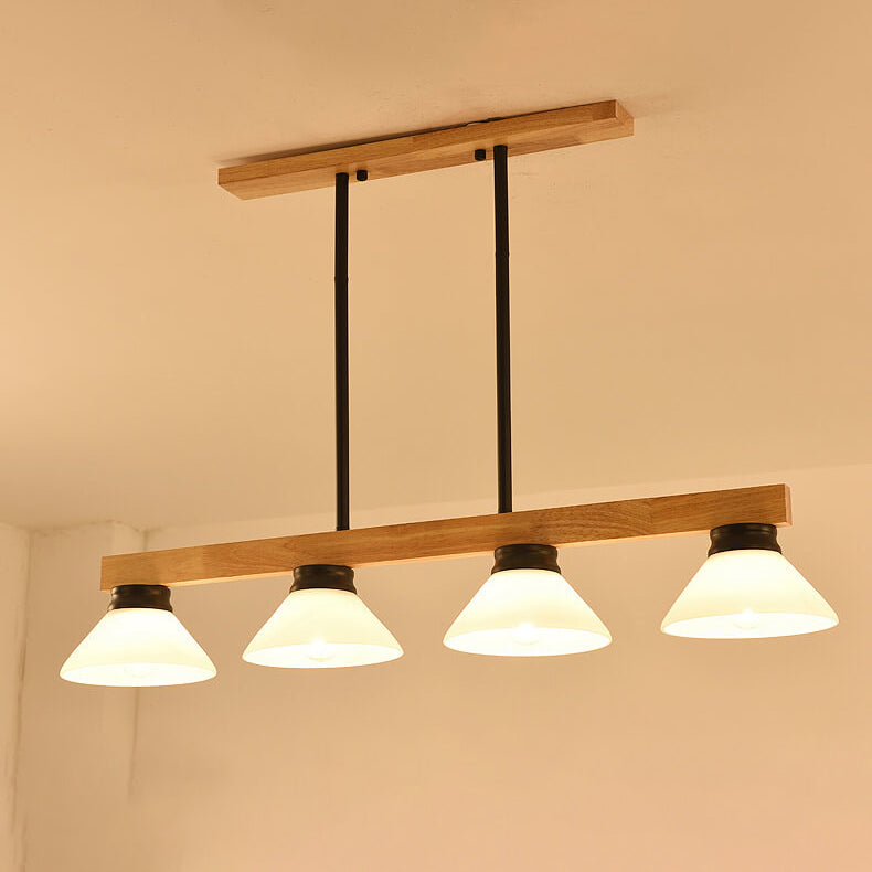 Lámpara de Araña de Isla de 3/4 Luces con Pantalla de Vidrio Cónica de Madera Maciza Nórdica 
