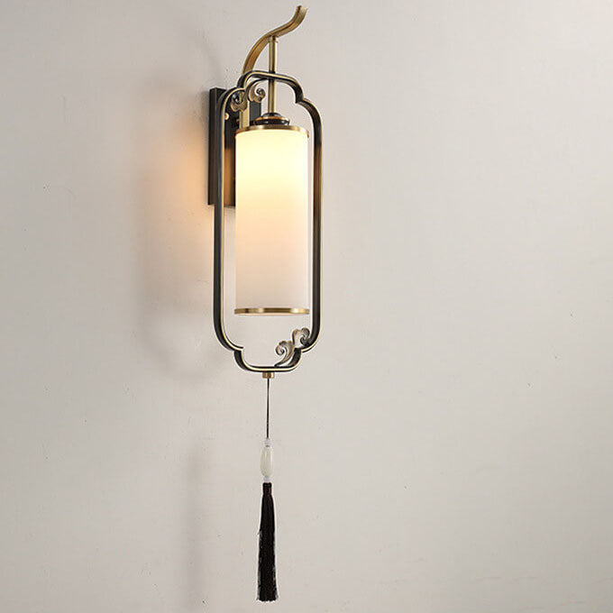 Traditionelle 1-flammige Wandleuchte aus chinesischem Kupfer, Eisen und Glas in Säulenform für das Wohnzimmer 