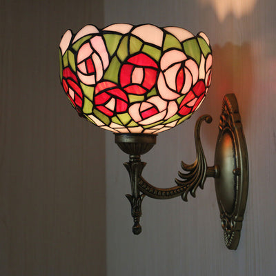 Tiffany Pink Rose Stained Glass Bowl 1-Light Wall Sconce Lamp