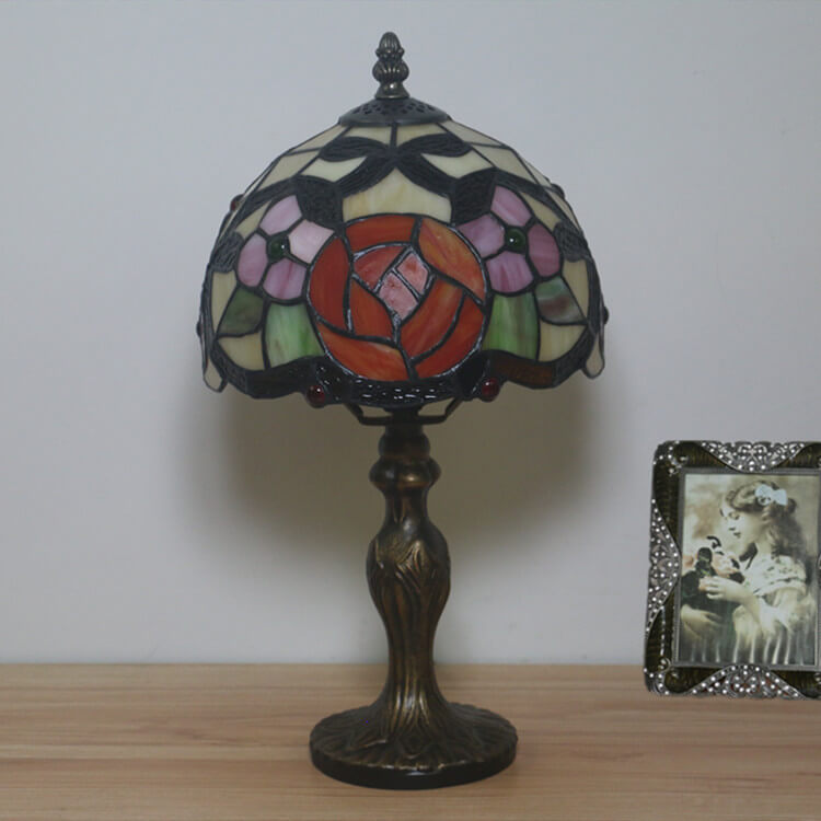 Vintage Tiffany Flower Stained Glass Dome 1-Light Table Lamp