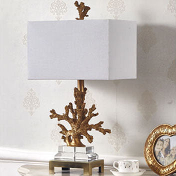 Modern Art Deco Linen Resin Crystal Coral Base 1-Light Table Lamp For Bedroom