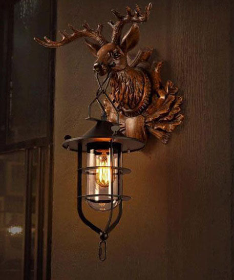 Applique Murale Rétro Tête de Cerf à Bois 1 Lumière 
