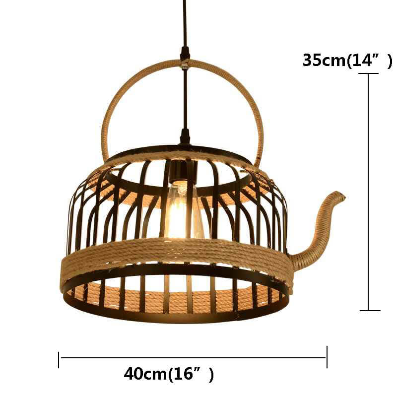 Vintage Wrought Iron Kettle Hemp Rope 1-Light Pendant Light