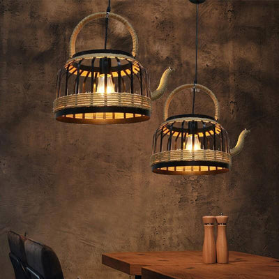 Vintage Wrought Iron Kettle Hemp Rope 1-Light Pendant Light