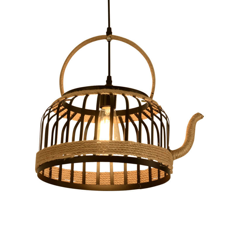 Vintage Wrought Iron Kettle Hemp Rope 1-Light Pendant Light