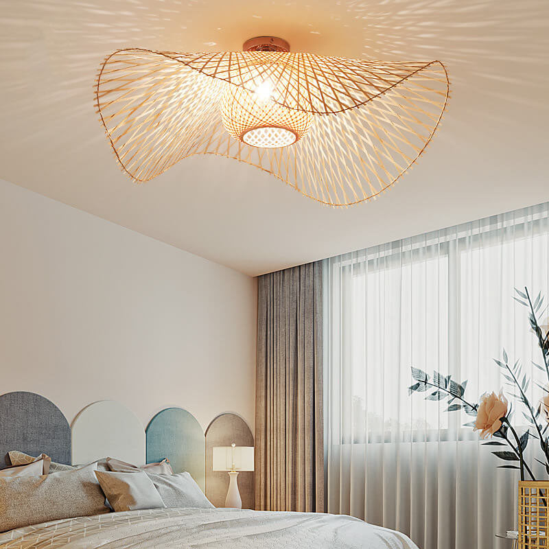 Traditional Japanese Weaving Bamboo 1-Light Semi-Flush Mount Ceiling Light For Bedroom