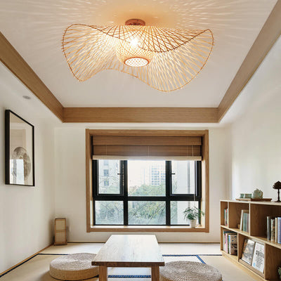 Modern Bamboo Weaving 1-Light Japanese Elements Flush Mount Lighting