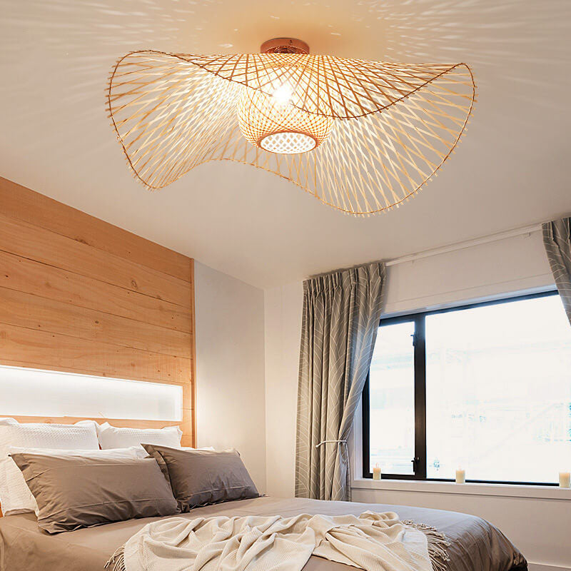 Traditional Japanese Weaving Bamboo 1-Light Semi-Flush Mount Ceiling Light For Bedroom