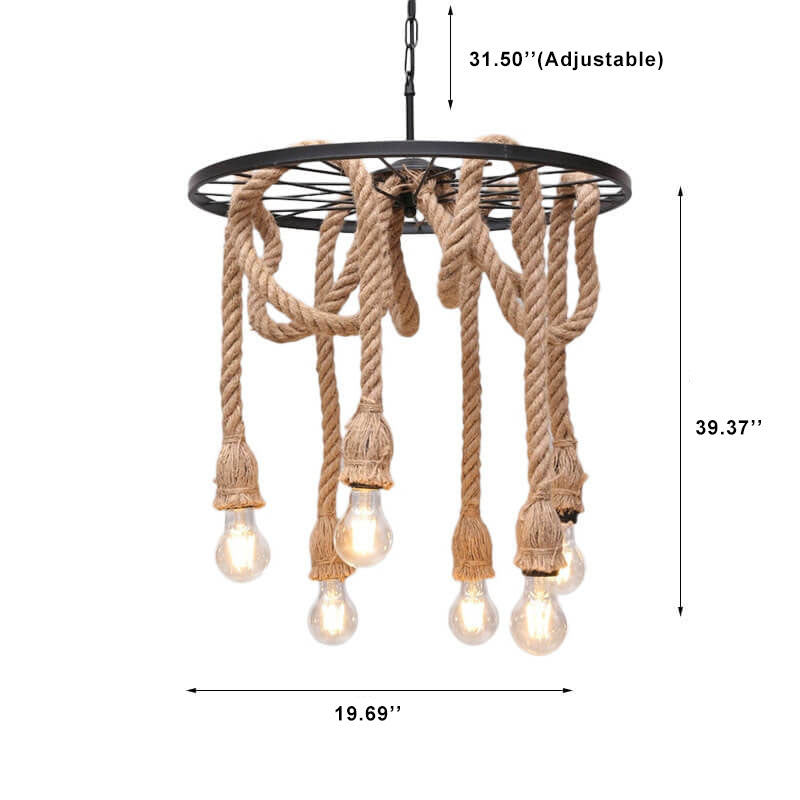 Retro Schwarz Metall Wagenrad 3/6 Licht Hanfseil Kronleuchter 